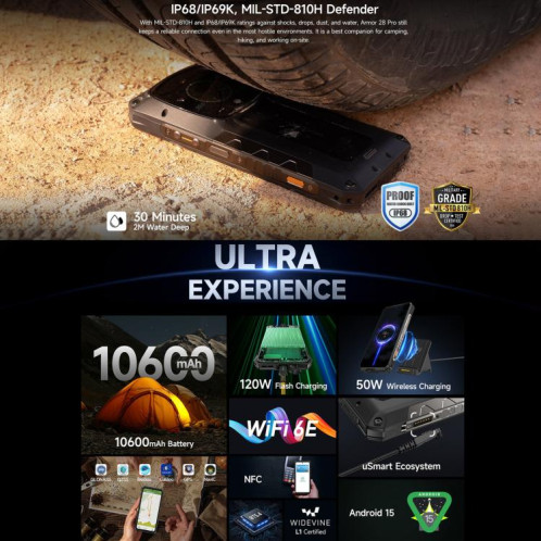  Téléphone robuste Ulefone Armor 28 Pro, 16 Go + 512 Go, vision nocturne, 10 600 mAh, écrans 6,67 pouces + 1,04 pouce, Android 15, MediaTek Dimensity 7300 Octa Core, réseau : 5G, NFC (noir) SU891B1607-025